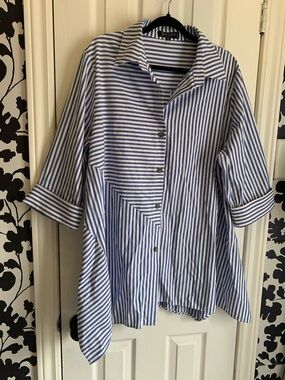 Red Coral Blue White Striped Button-Front Blouse coastal vibes classic plus